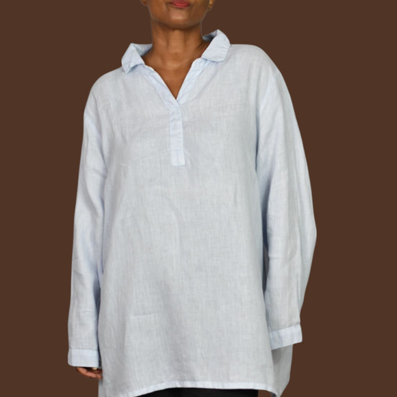 Match Point Linen Tunic Light Blue Collared V Neck Long Sleeve Popover Shirt XL - Picture 1 of 13